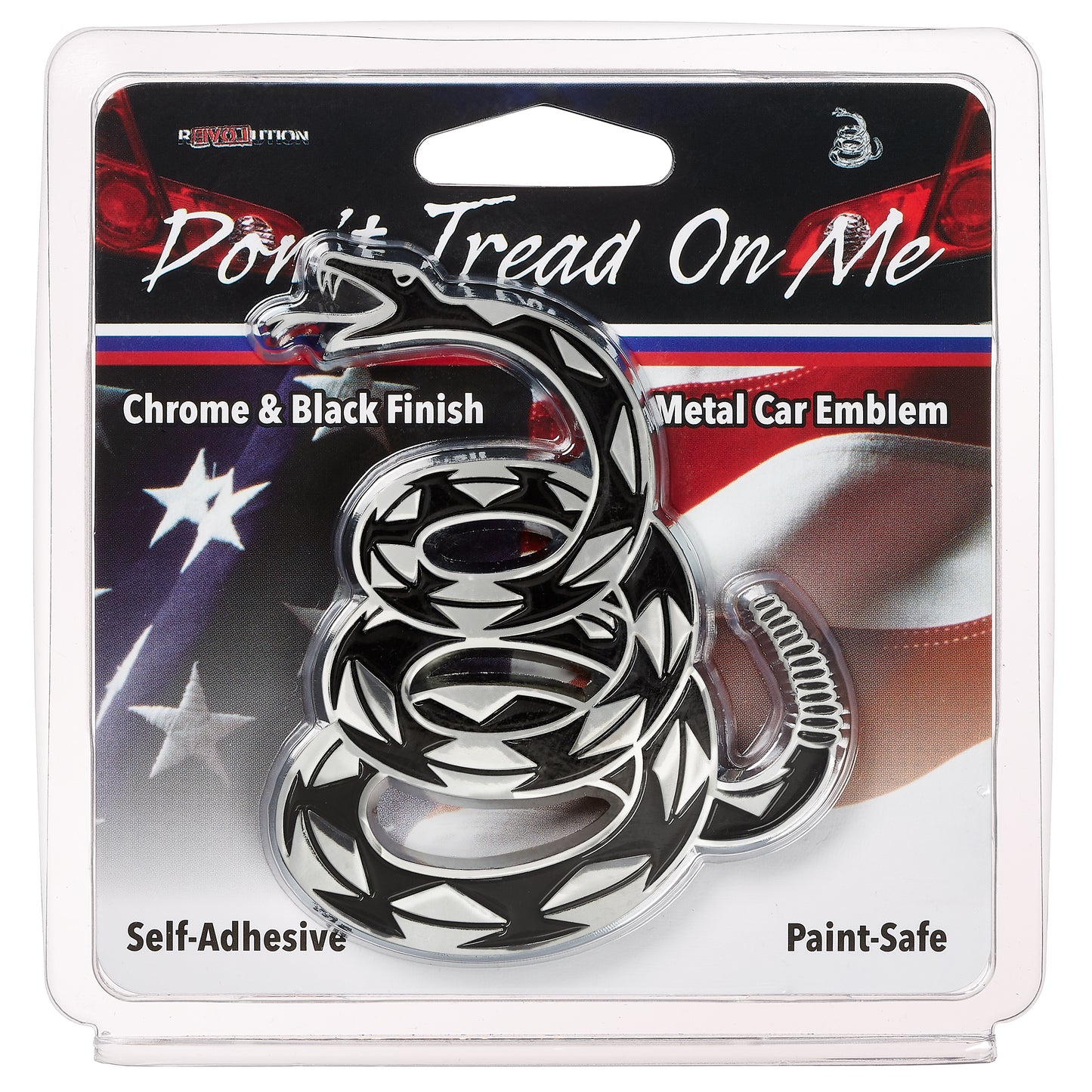 Gadsden "Don't Tread On Me” Rattlesnake Metal Car Emblem (Chrome/Black)